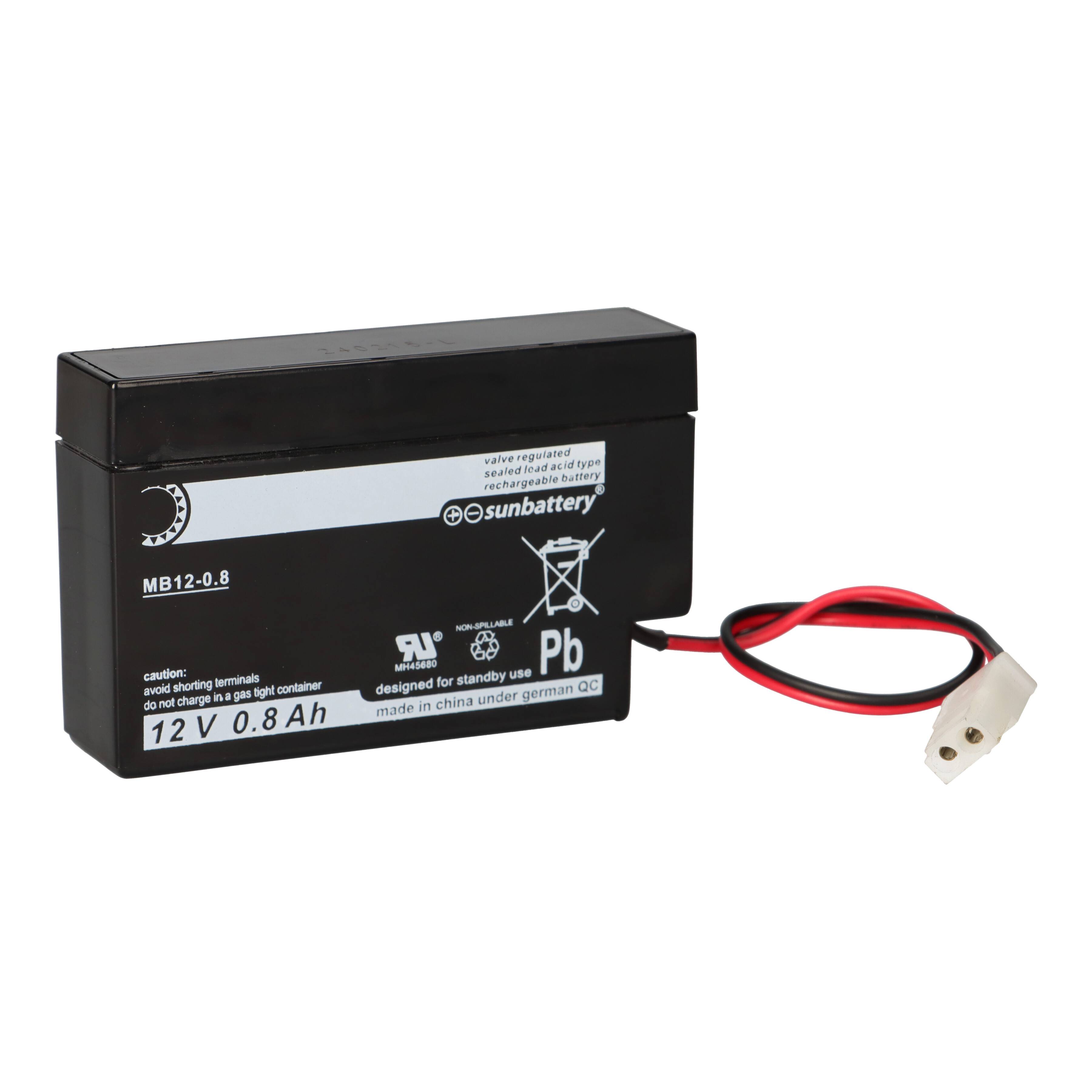 Schwarze 12V 0,8Ah wiederaufladbare Batterie mit roten und schwarzen Drahtleitungen und einem Zweistift-Stecker auf weißem Hintergrund.