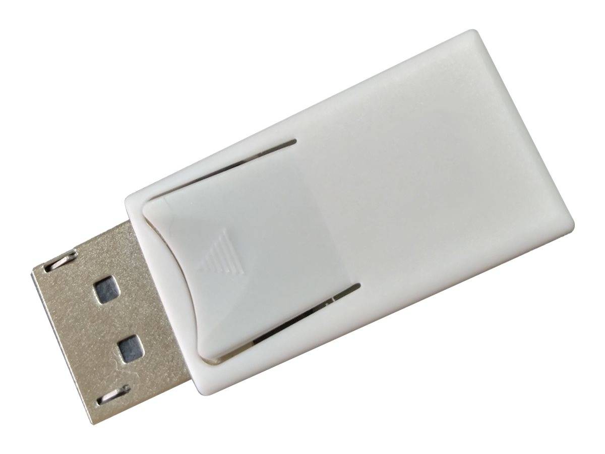 Weißes USB-Speicherstick mit Metallstecker auf einfachem Hintergrund.