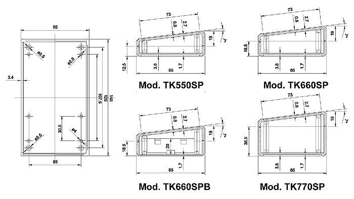 Technisches Diagramm mit Abmessungen und Modellen TK550SP, TK660SPB und anderen. Zeigt detaillierte Messungen für jedes Modell.