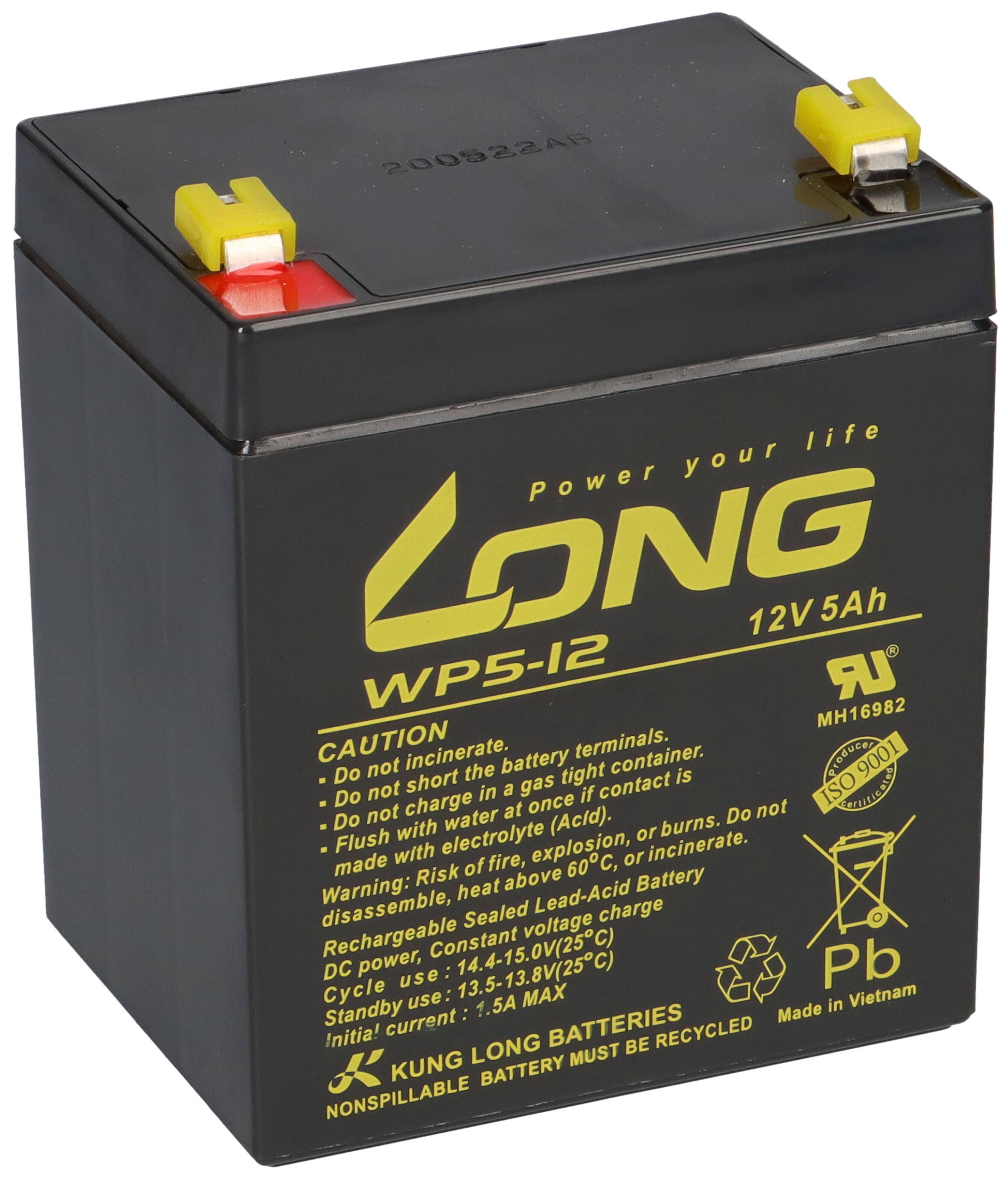 Schwarze 12V 5Ah versiegelte Bleisäure-Batterie mit gelben Anschlüssen und Warnschild, Marke LONG WP5-12.