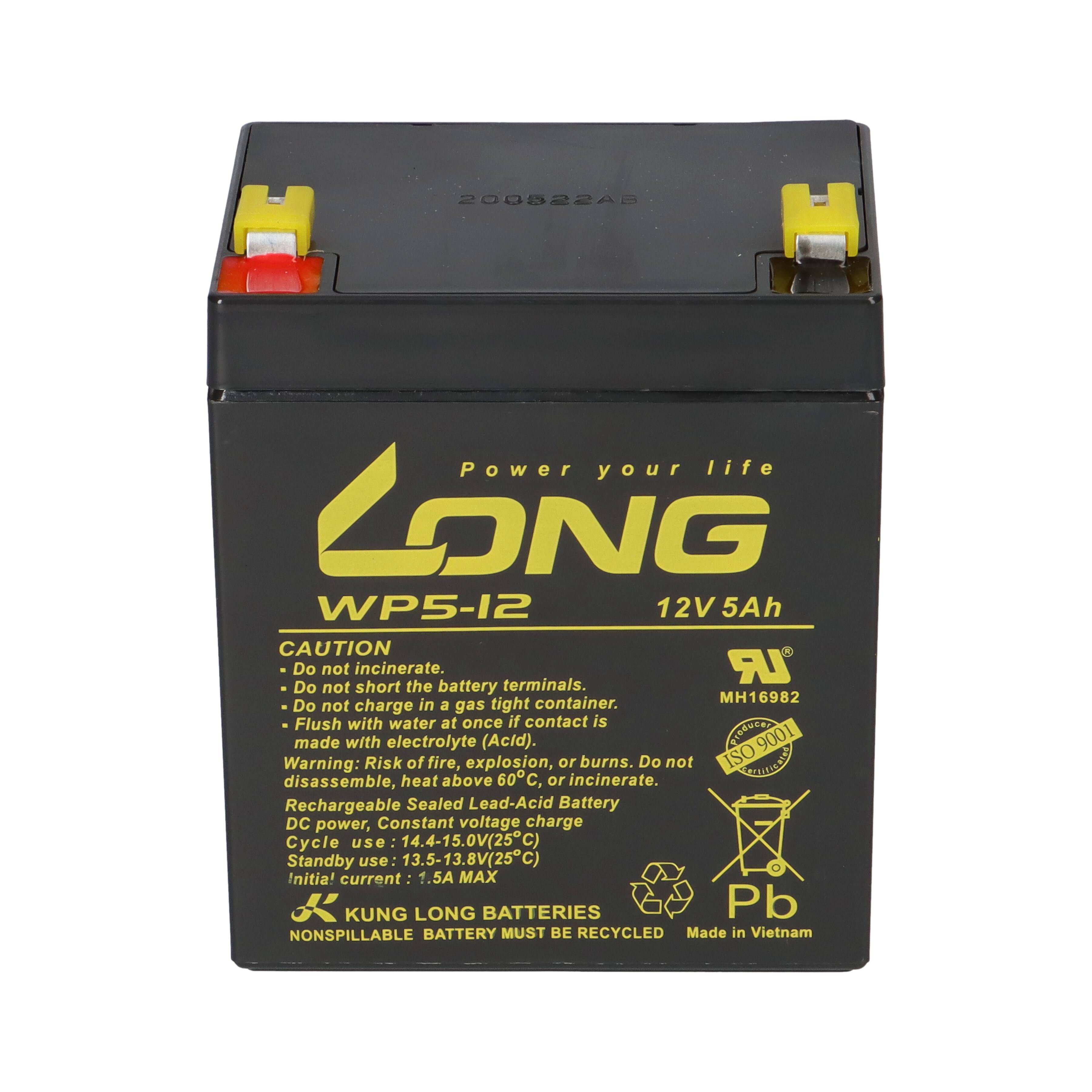 Eine schwarze 12V 5Ah versiegelte Bleisäurebatterie mit der Bezeichnung „LONG