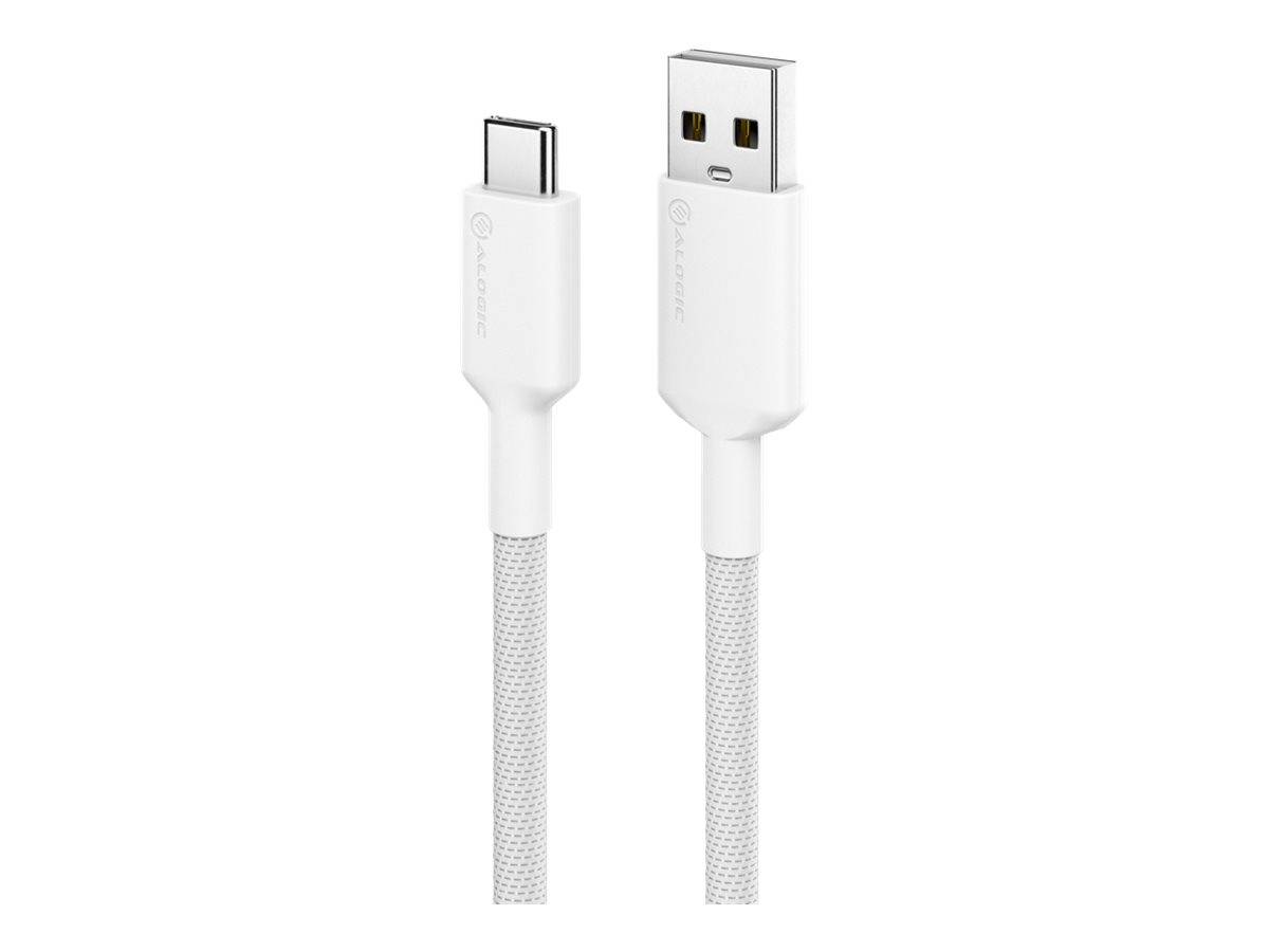 Weißes USB-C-zu-USB-A-Ladekabel mit geflochtener Untersektion, mit beiden Anschlüssen auf einem schlichten Hintergrund dargestellt.