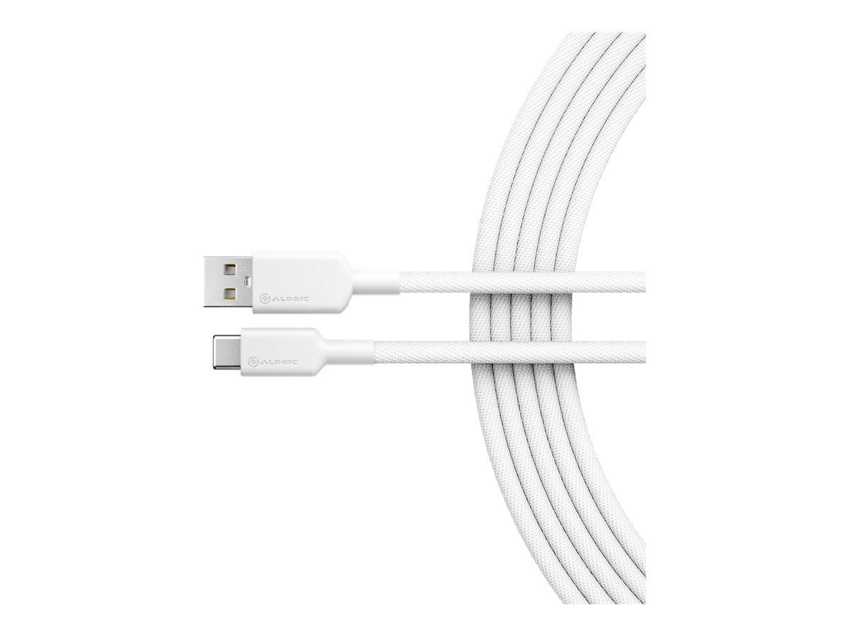 Weißes USB-A-auf-USB-C-Ladekabel mit spiralförmigem Design auf einfachem Hintergrund.