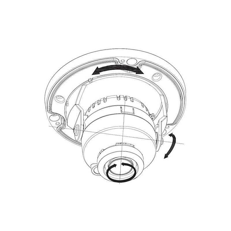 Illustration einer Kuppel-Sicherheitskamera mit Pfeilen, die Drehverstellungen zur Installation anzeigen; zeigt Ausrichtungs- und Befestigungsdetails.