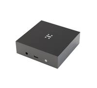 Ein kleines schwarzes rechteckiges elektronisches Gerät mit zentriertem Logo, vorderen Anschlüssen und einem kreisförmigen Anzeigelicht an der vorderen Kante.
