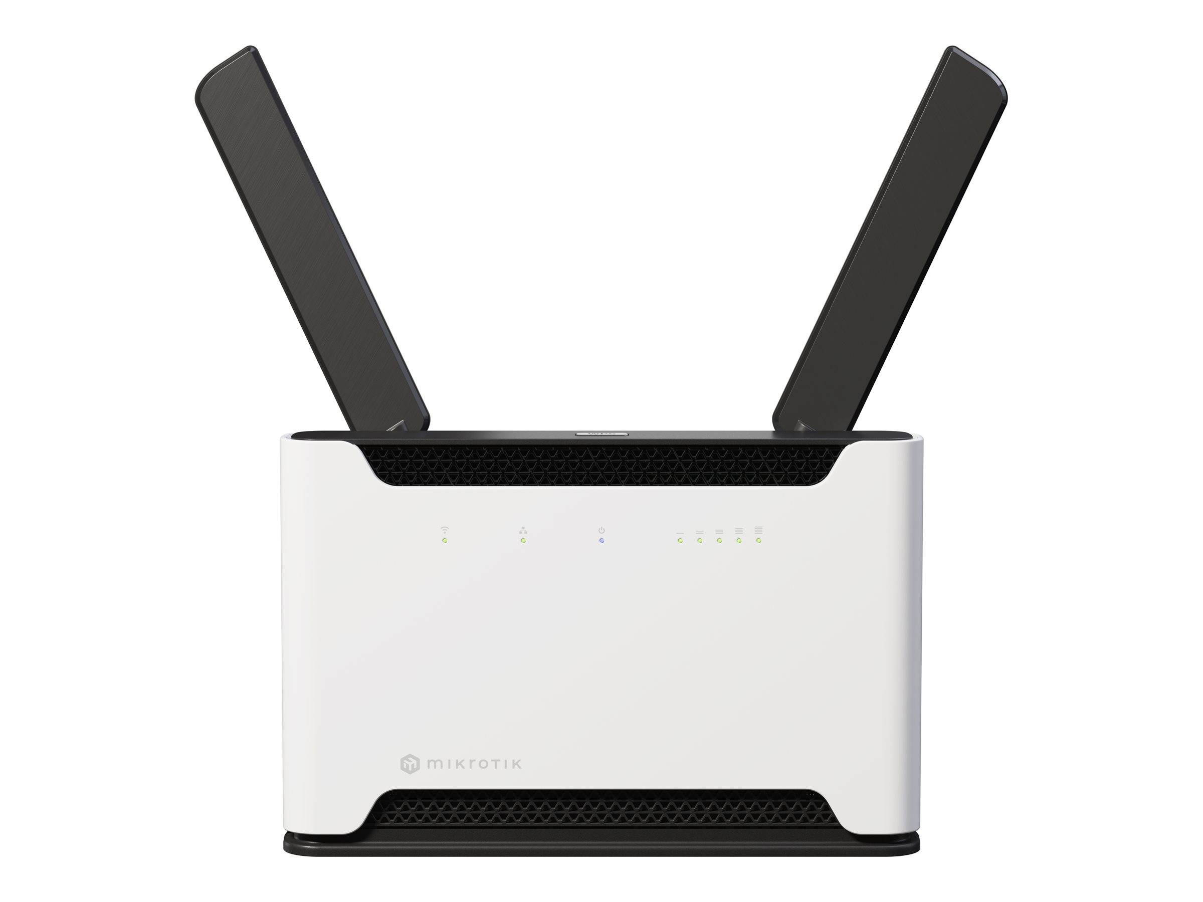 Weißer kabelloser Router mit zwei angehobenen schwarzen Antennen und vorderen Statusleuchten auf einfachem Hintergrund.