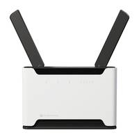 Weißer WLAN-Router mit zwei aufrecht stehenden schwarzen Antennen, vorderen Anzeigelampen und schwarzen Lüftungsakkenten.
