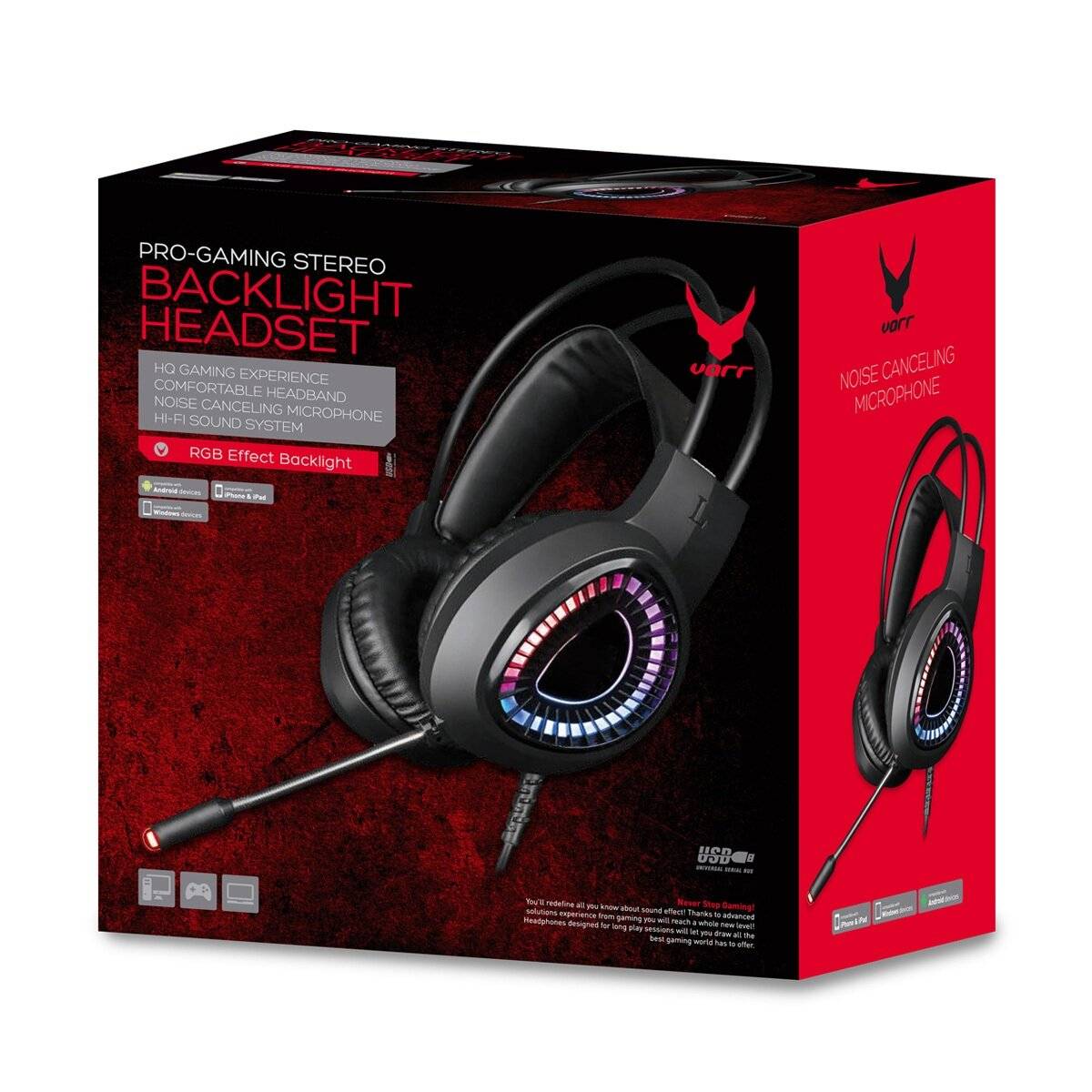 Varr VH8010 Gaming-Headset mit RGB-Beleuchtung, USB 7.1 Hi-Fi Surround Sound - Schwarz