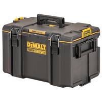 Schwarze und gelbe tragbare DEWALT-Werkzeugbox mit Griff und Verschlüssen auf weißem Hintergrund.