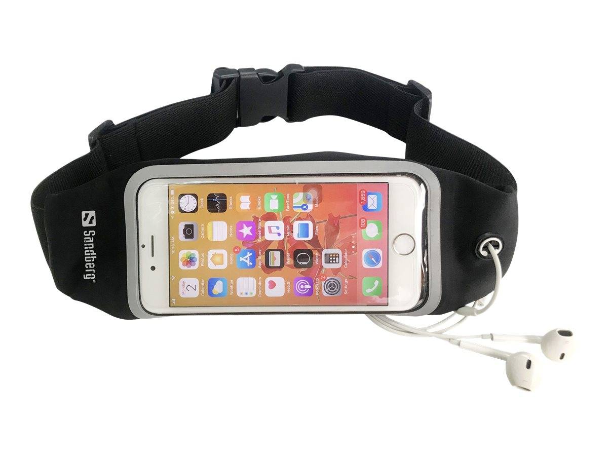 Schwarzer Hüftgürtel-Handyhalter mit einem iPhone in einer durchsichtigen Vordertasche und weißen Kopfhörern befestigt