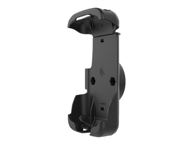 Schwarze verstellbare Smartphonehalterung mit oberem Griff und unterer Stützwiege, abgebildet auf weißem Hintergrund.