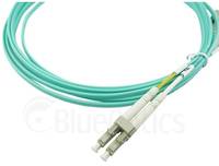 Ein blaugrünes Glasfaserkabel mit einem Duplexstecker, das auf weißem Hintergrund aufgerollt dargestellt ist.