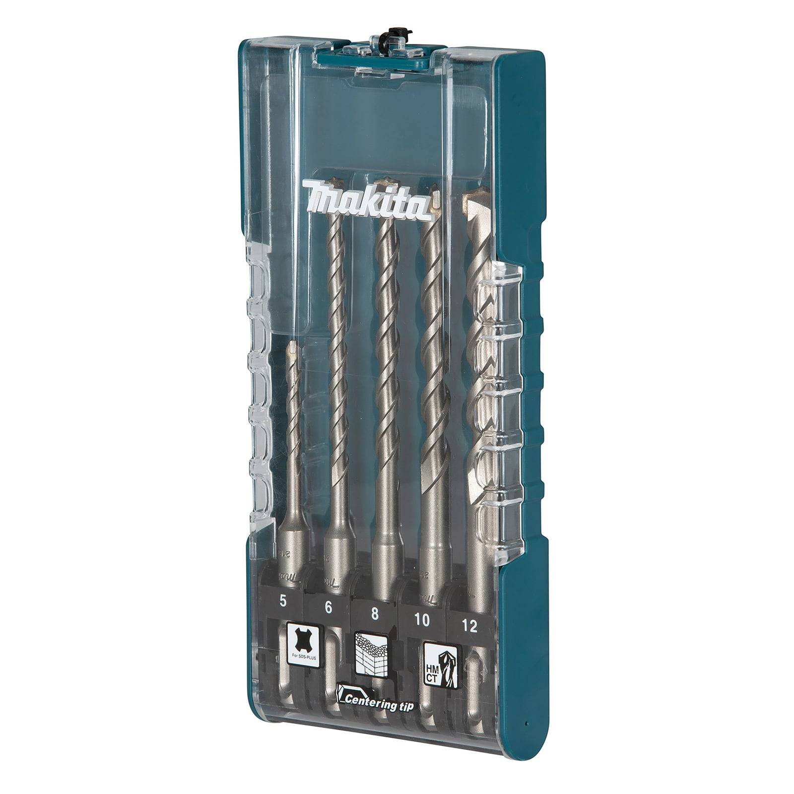 Eine durchsichtige Kunststoffbox, die einen Satz von sechs Makita Betonbohrern in den Größen 5 mm bis 12 mm zeigt, mit beschrifteten Symbolen und Firmenlogo.