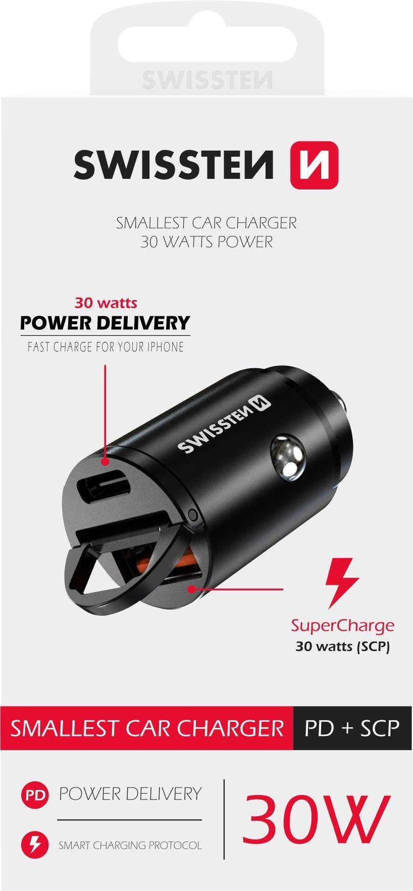 Swissten CL POWER DELIVERY USB-C+ SUPER CHARGE 3.0 30W NANO SCHWARZ