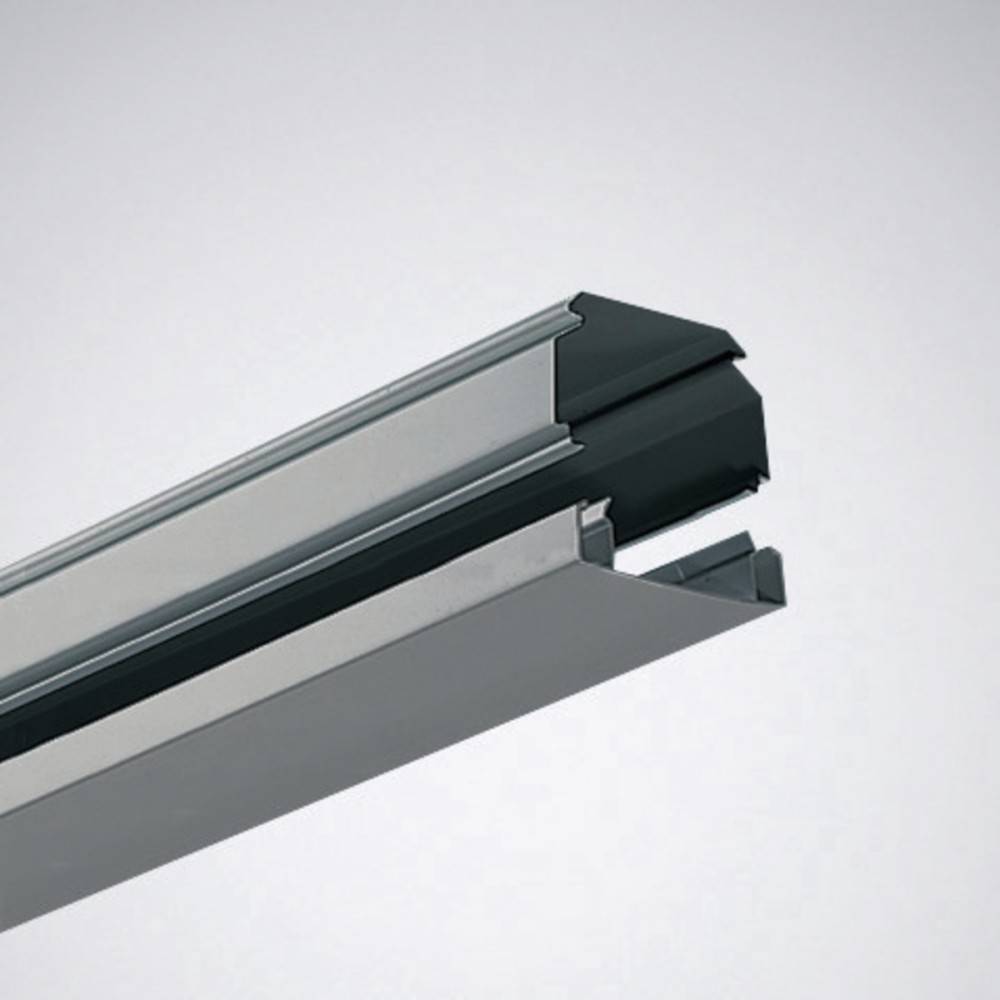 Metallische Gleitvorrichtung mit silberner Außenseite und schwarzen Endkappen, entwickelt für sichere und glatte Bewegungen in Möbeln oder Einbauschränken.