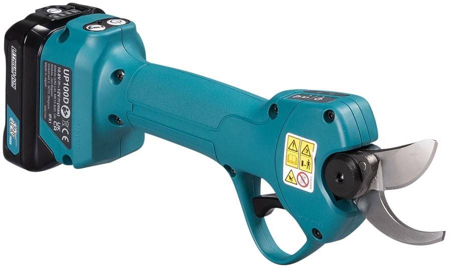 Ein blauer handgehaltener Elektrowerkzeug mit Sicherheitswarnhinweisen an seiner Seite, ausgestattet mit einem Griff und Bedienungstasten.