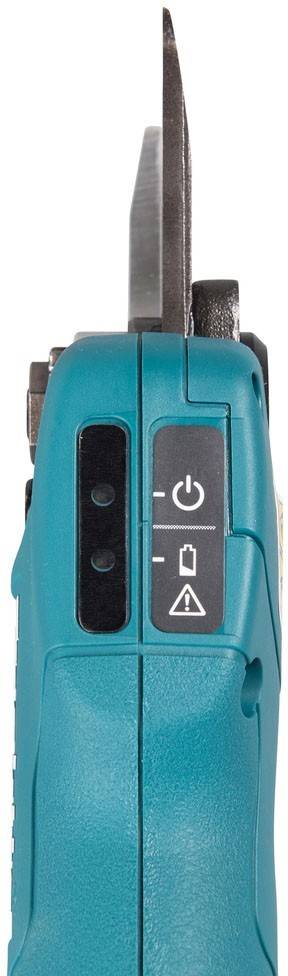 Eine Nahaufnahme eines türkisfarbenen Werkzeugs, die das Seitenpanel mit einem Einschaltknopf, Batteriesymbol und Warnungssymbol für den Betriebszustand zeigt.