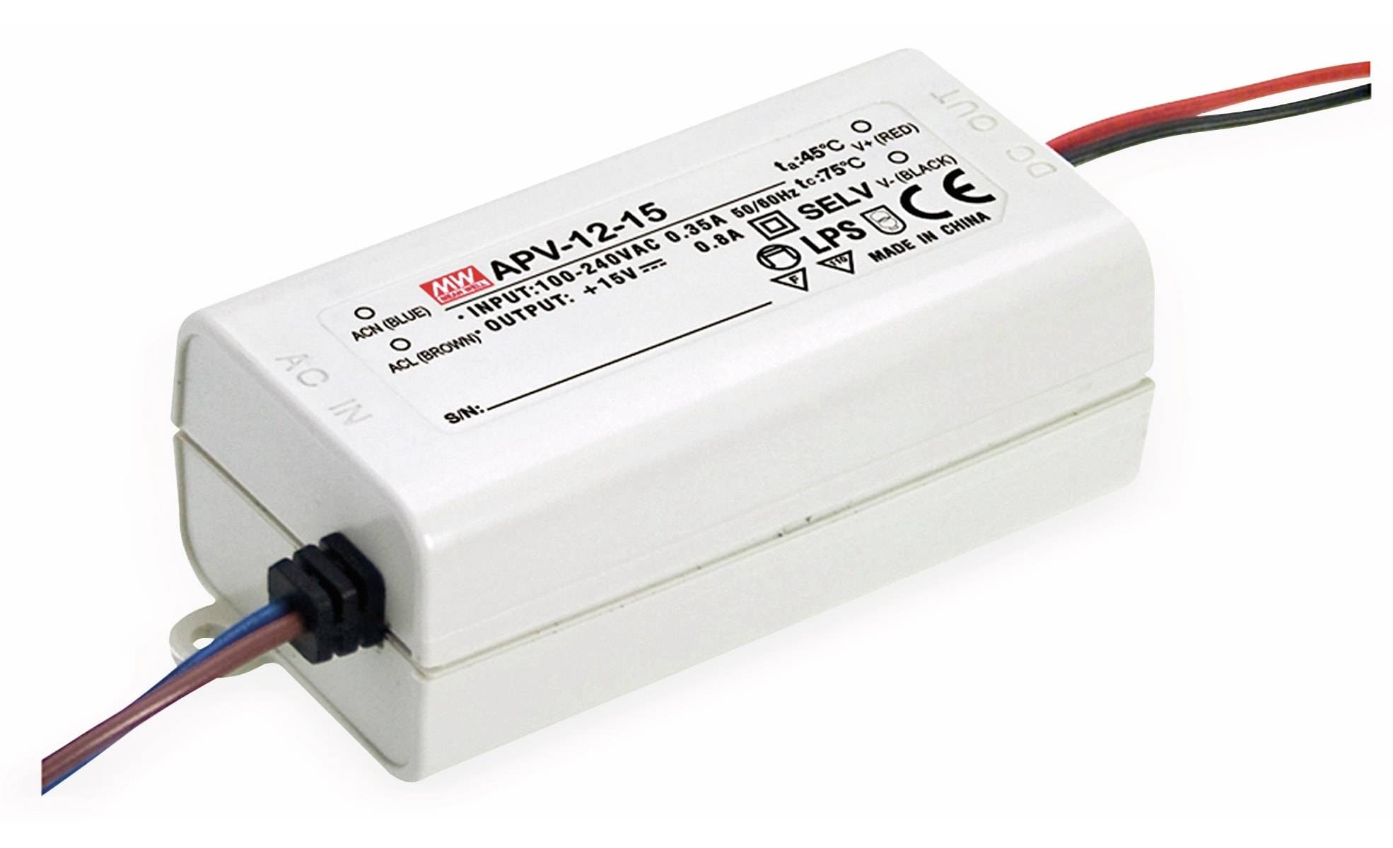 Ein rechteckiger LED-Treiber mit Eingangsspezifikationen von 100-240 VAC, 0,35 A und Ausgang von 12 V, 1,25 A. Gekennzeichnet mit 