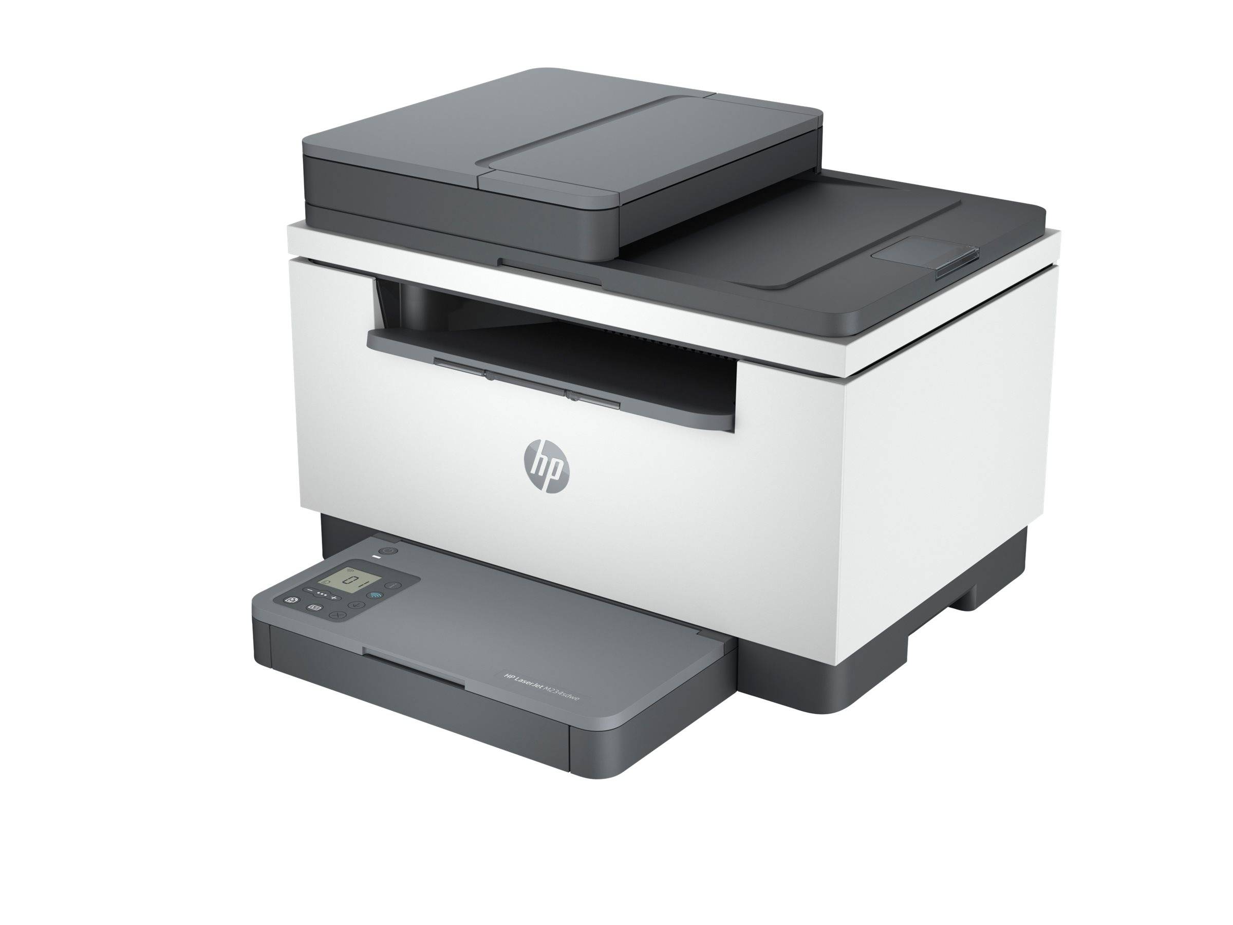 Ein grau-weißer Multifunktionsdrucker mit einem Bedienfeld an der Vorderseite und einem Dokumenteneinzug oben, vor einem einfachen Hintergrund.
