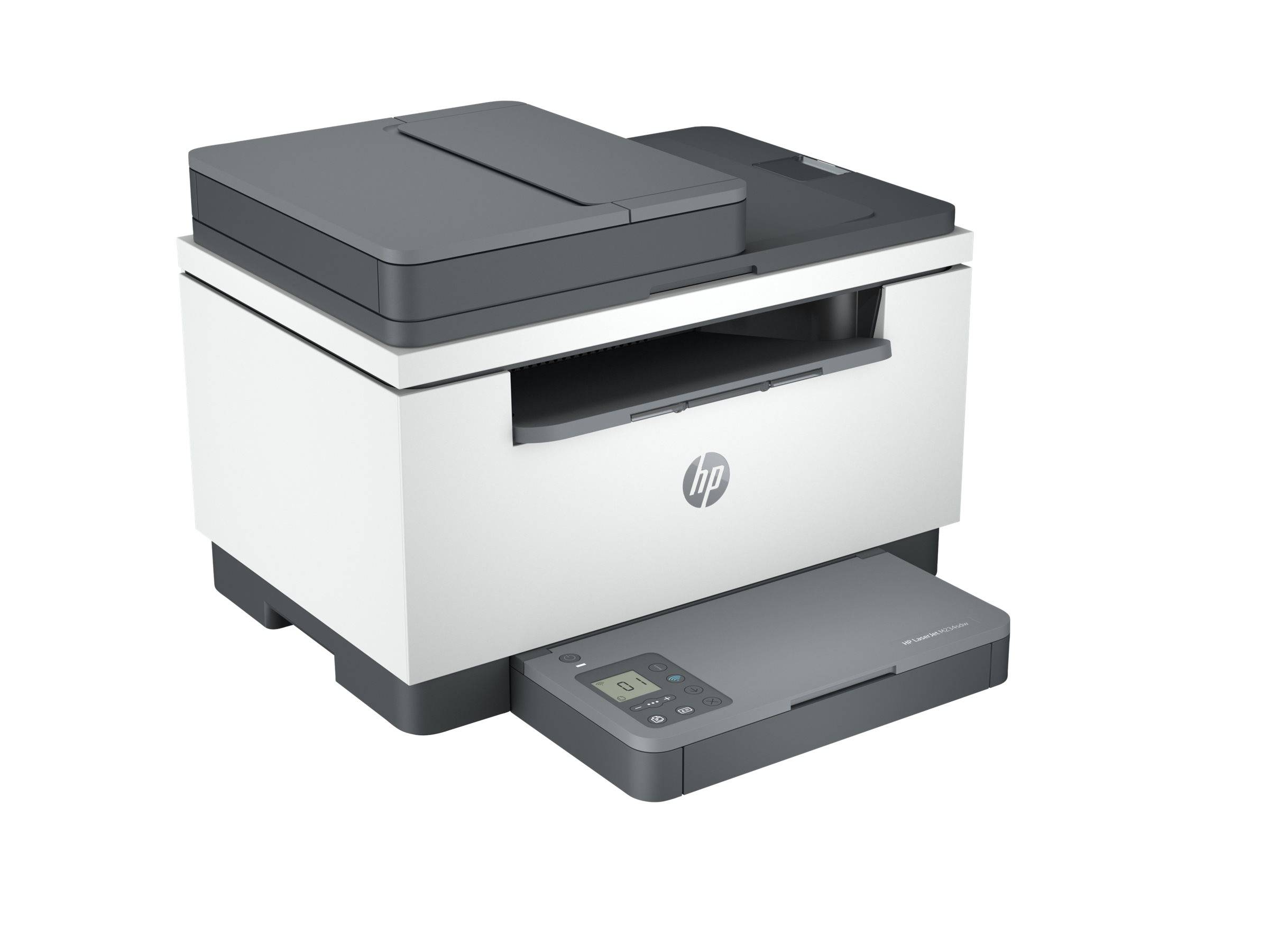 Ein moderner Multifunktionsdrucker in Weiß und Grau mit digitaler Anzeige, Papierfach und Scannnerdeckel, ideal für den Heim- oder Bürogebrauch.