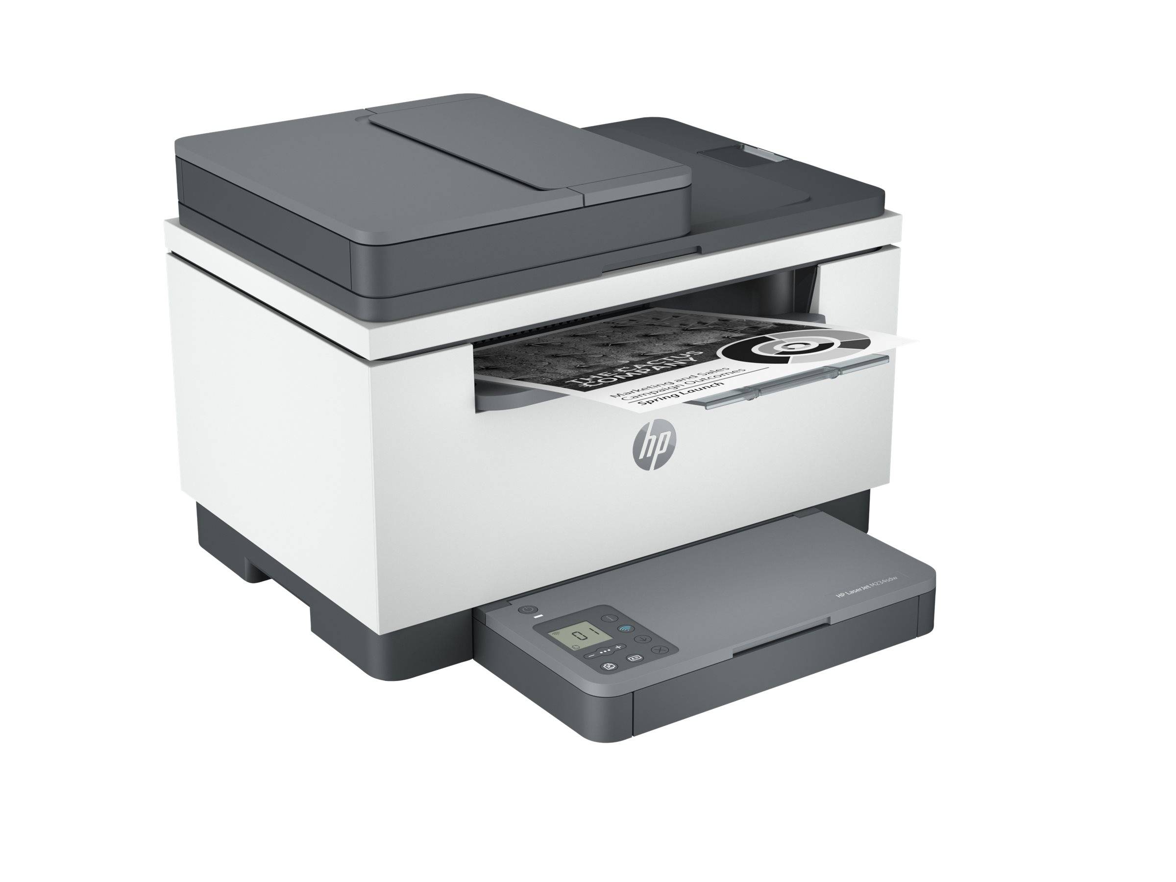 Ein Multifunktionsdrucker mit einem gescannten Dokument, das herauskommt. Der Drucker zeigt einen digitalen Bildschirm und Tasten auf der unteren Frontplatte an.