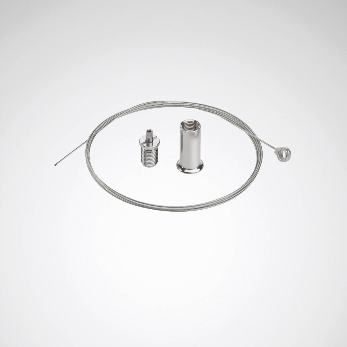 Ein demontierter Kabelspanner-Satz mit einer gewickelten Kabel, einem Gewindebolzen und einem zylindrischen Gehäuse vor einem einfarbigen Hintergrund.