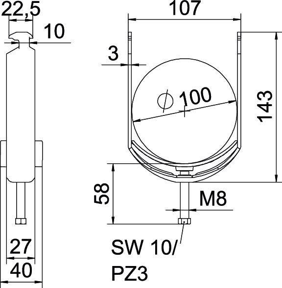 Technische Zeichnung einer zylindrischen Komponente mit beschrifteten Abmessungen: Höhe 143 mm, Durchmesser 100 mm, mit M8-Gewindebohrung und SW 10/PZ3-Spezifikationen.