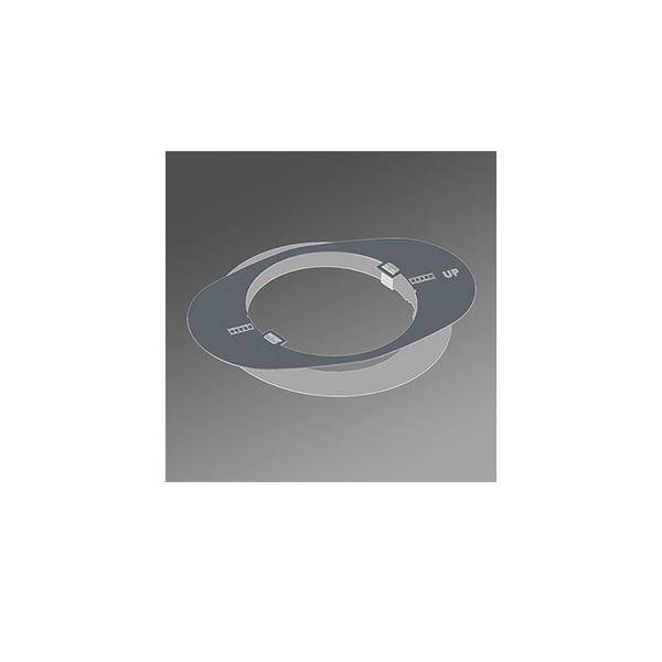 Eine kreisförmige graue Scheibe mit weißem Text 'UP', mit Laschen und Schlitzen entlang des Umfangs, auf einem grauen Hintergrund.