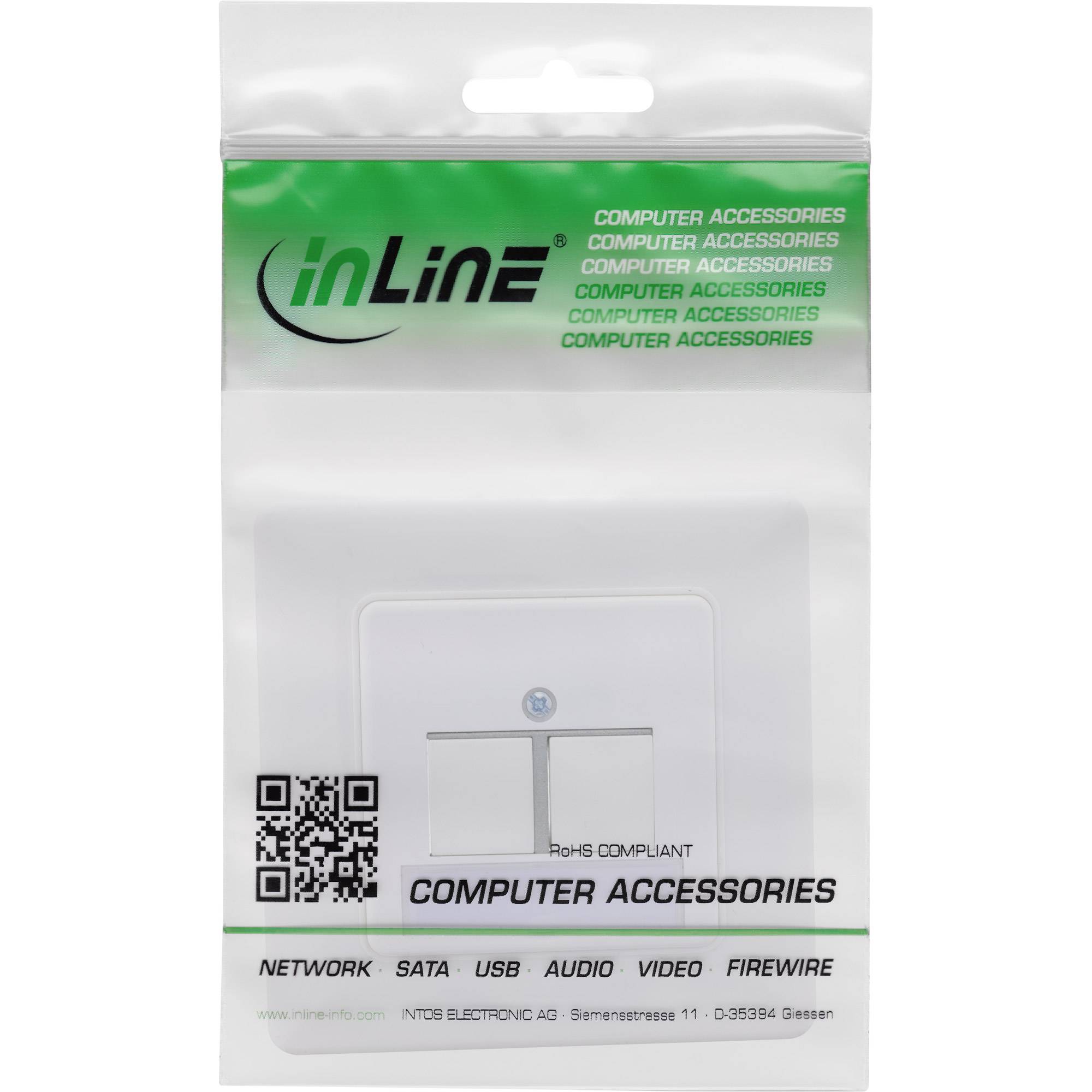 Kunststoff-Einzelhandelsverpackung für inLine-Computerzubehör, die eine Wandsteckdosenplatte mit QR-Code und Beschriftungen für Netzwerk, SATA, USB, Audio, Video und FireWire zeigt.
