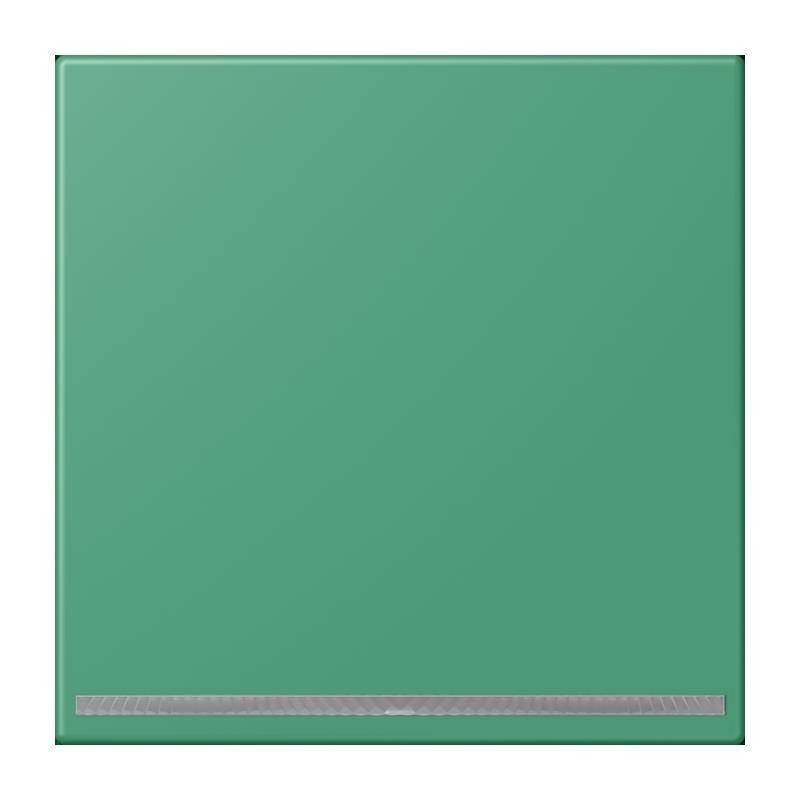 Ein grüner Lichtschalter mit minimalistischem Design, der eine horizontale metallische Leiste in der Nähe des unteren Randes aufweist.