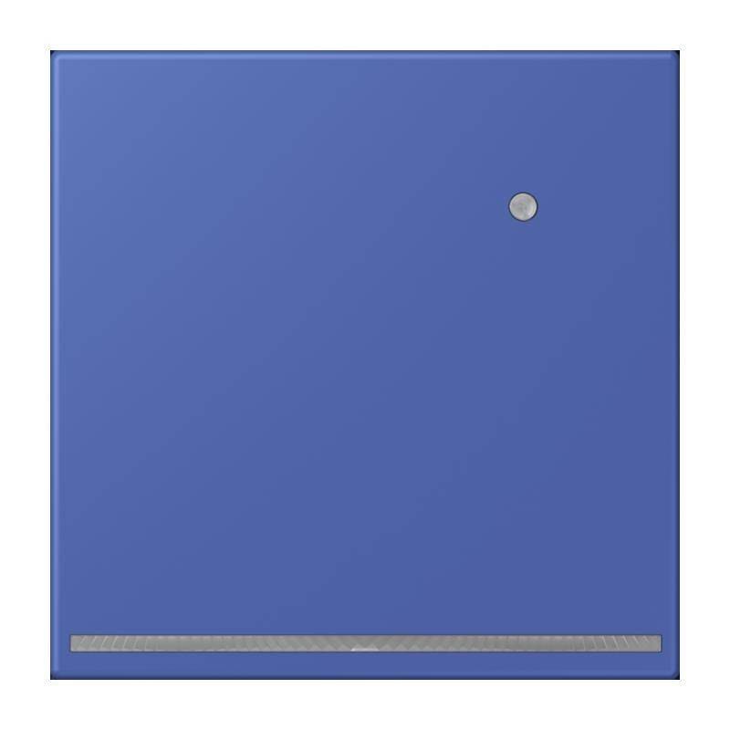 Ein quadratisches blaues Panel mit einem kleinen runden Knopf nahe der oberen rechten Ecke und einem dünnen horizontalen Streifen am unteren Rand, isoliert auf weißem Hintergrund.