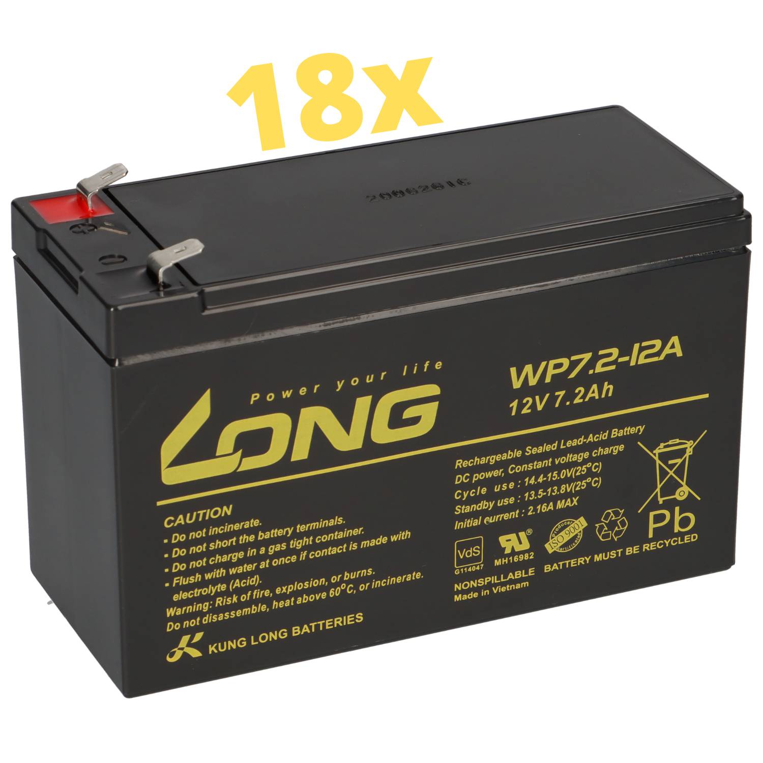 Schwarze wiederaufladbare Blei-Säure-Batterie mit roten und schwarzen Anschlüssen, beschriftet mit „LONG