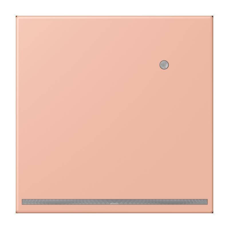 Ein quadratisches, hellrosa Panel mit einem kleinen kreisförmigen Knopf in der oberen rechten Ecke und einer horizontalen Linie nahe dem unteren Rand.