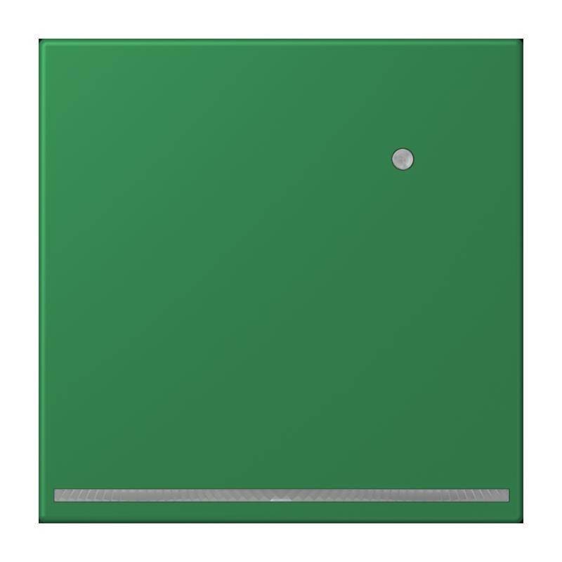 Grünes quadratisches Bedienfeld mit einem kleinen kreisförmigen Knopf in der Nähe der oberen rechten Ecke und einem dünnen horizontalen Streifen nahe dem unteren Rand.