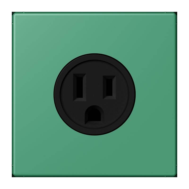 Eine grüne elektrische Steckdose mit einem schwarzen Dreipol-Steckersockel, zentriert auf einem quadratischen Panel.