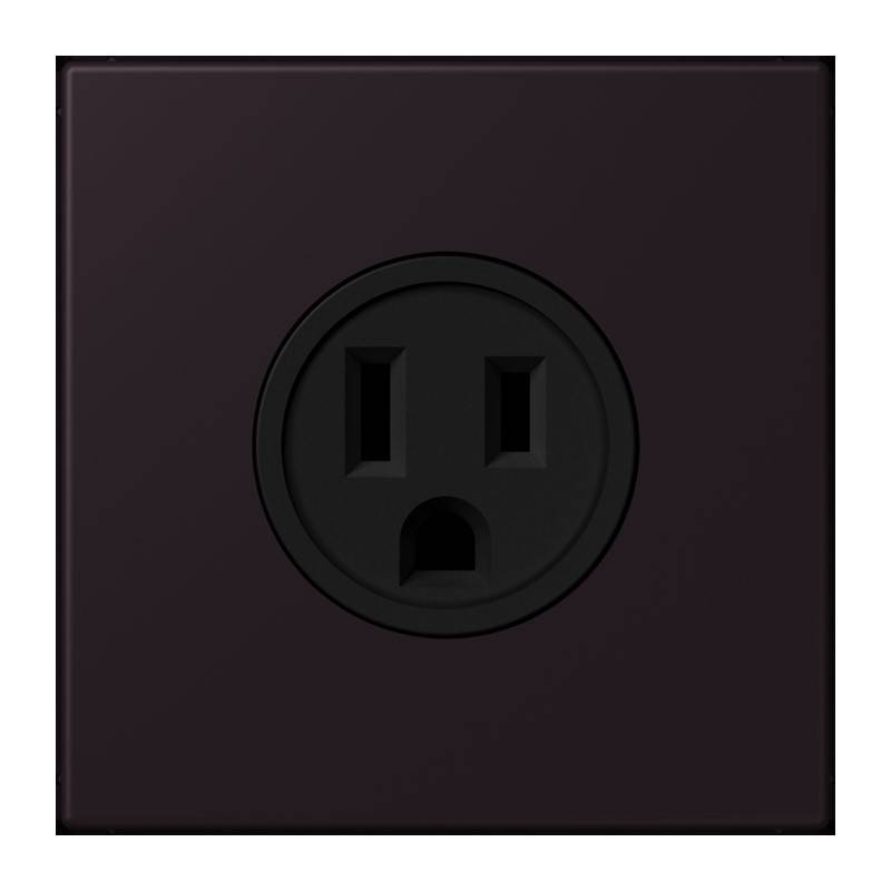 Eine schwarze Steckdose mit quadratischem Design ist zu sehen. Die Steckdose hat zwei vertikale Schlitze und ein rundes Erdungsloch.