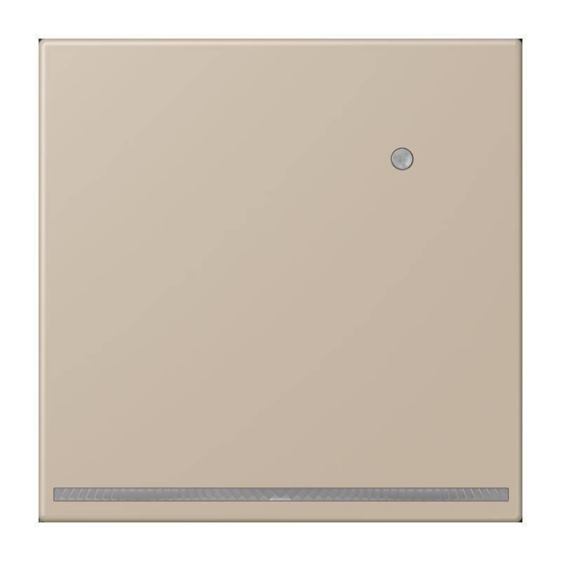 Ein beige Panel mit einem kleinen runden Knopf in der oberen rechten Ecke und einem horizontalen grauen Streifen am unteren Rand.