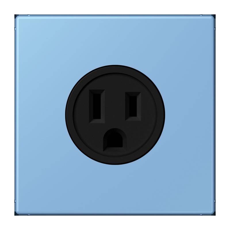 „Eine schwarze elektrische Wandsteckdose auf einem hellblauen quadratischen Hintergrund.