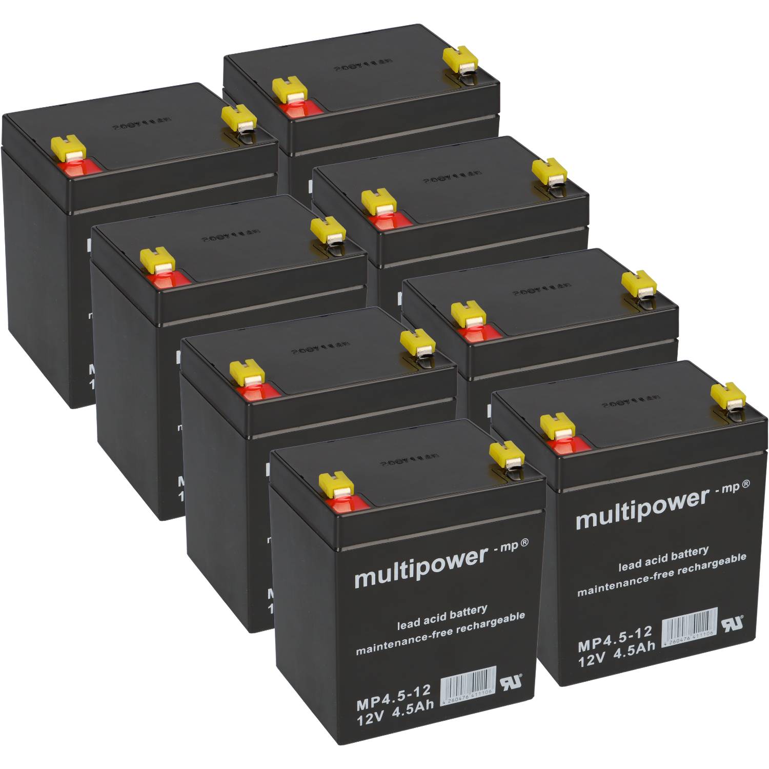 Ein Stapel schwarzer wiederaufladbarer Bleisäurebatterien mit gelben und roten Anschlüssen, mit der Bezeichnung „multipower