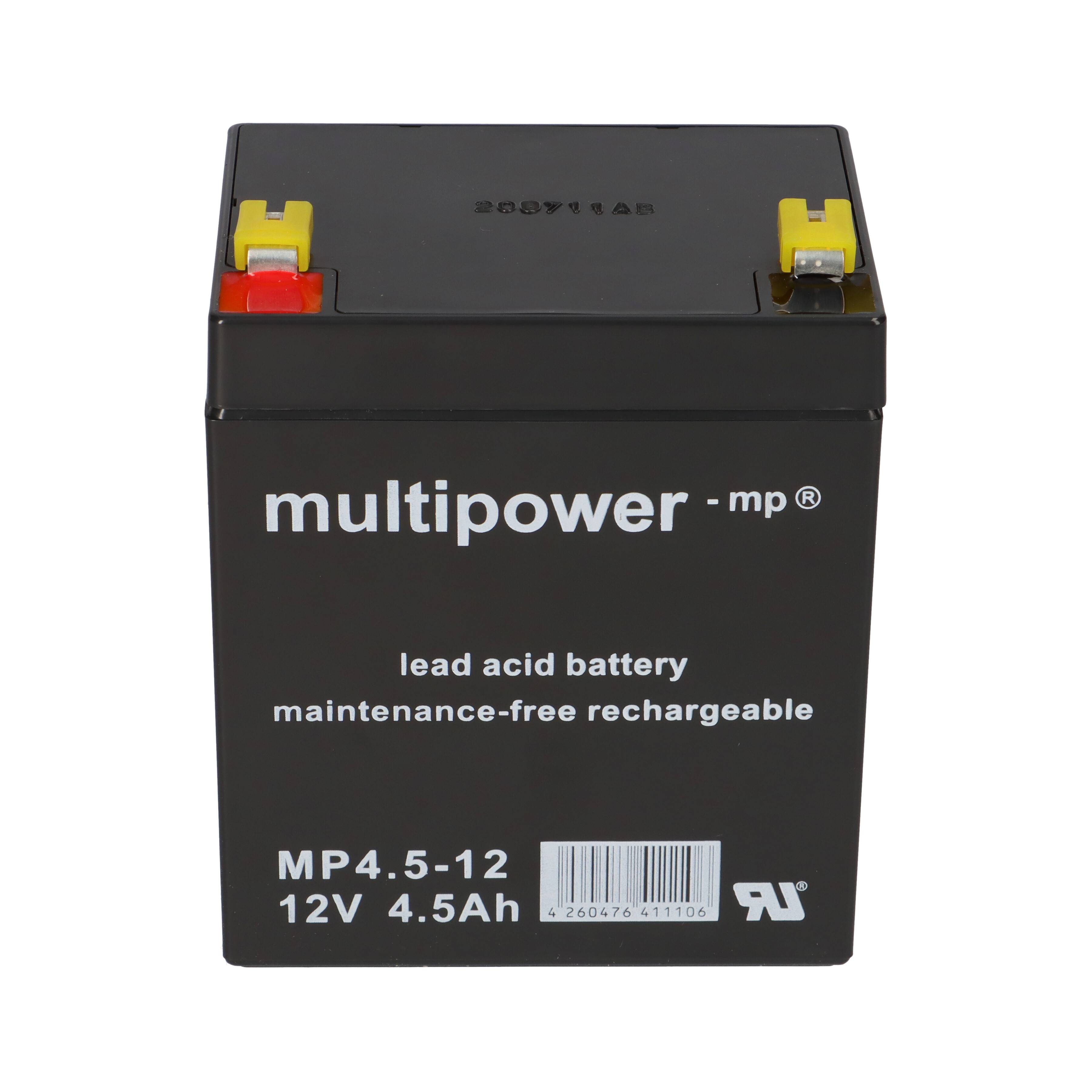 Schwarze Multipower MP Blei-Säure-Akku, bezeichnet MP4.5-12, 12V 4,5Ah, mit roten und gelben Anschlüssen oben.