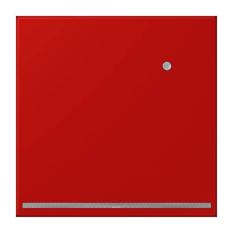 Ein rotes quadratisches Panel mit einem kleinen runden Knopf nahe der oberen rechten Ecke und einem dünnen horizontalen Streifen am unteren Rand.