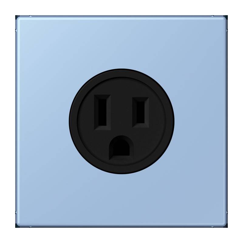 Eine schwarze Steckdose auf einer hellblauen Wand.