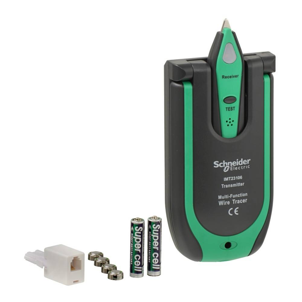 Schneider Electric Leitungssuchgerät-Set mit Empfänger, Sender, Anschluss, Supercell-Batterien und Testfunktion.