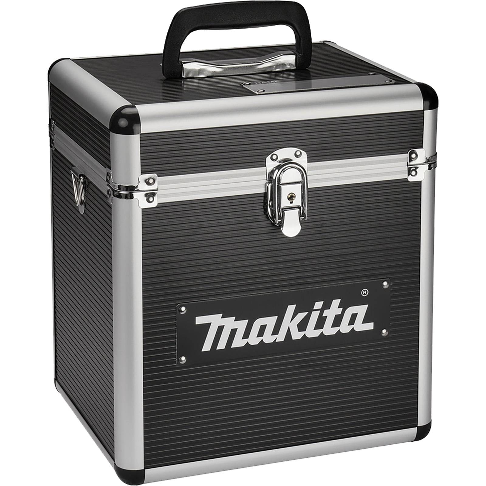 Eine schwarze und silberne Makita Aufbewahrungsbox mit Griff und Verschluss, die zum Organisieren und Transportieren von Werkzeugen oder Ausrüstung verwendet wird.