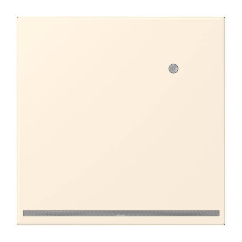 Ein quadratischer beiger Türklingel mit einem kleinen kreisförmigen Knopf in der oberen rechten Ecke und einem schmalen rechteckigen Element am unteren Rand.