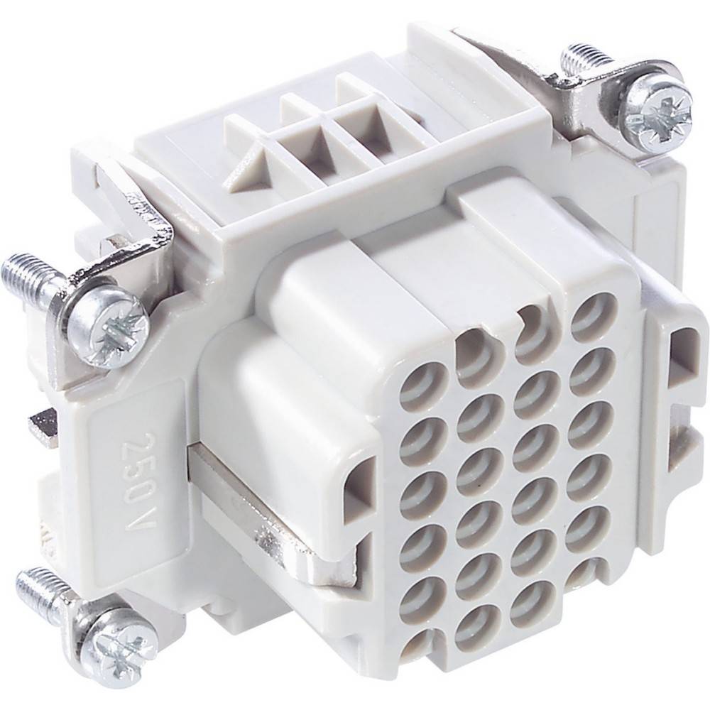 Ein weißer, rechteckiger Mehrpin-Elektrostecker mit mehreren Löchern für Stifte. Mit der Aufschrift „250V