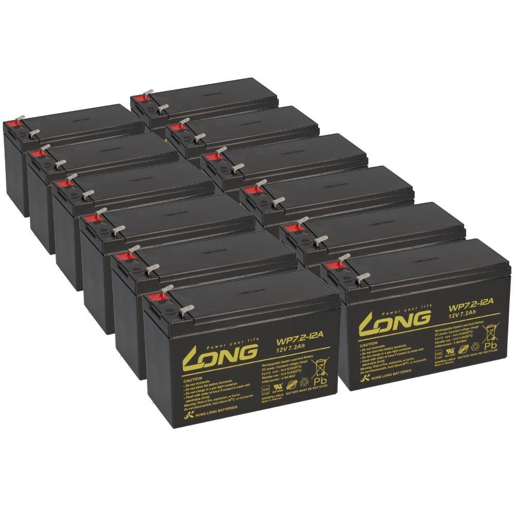 Stapel schwarzer wiederaufladbarer Batterien mit roten Anschlüssen, beschriftet LONG WP7.2-12A 12V 7.2Ah.