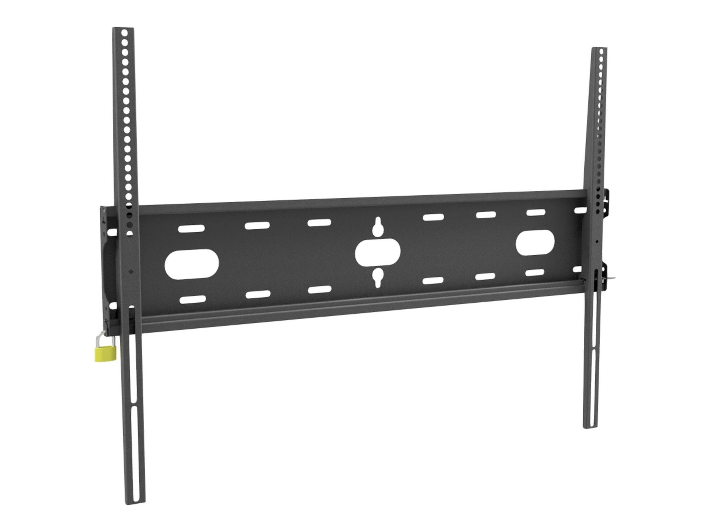 Verstellbare schwarze Metall-TV-Wandhalterung mit zwei vertikalen Schienen und einer horizontalen Befestigungsplatte für einen Flachbildfernseher.