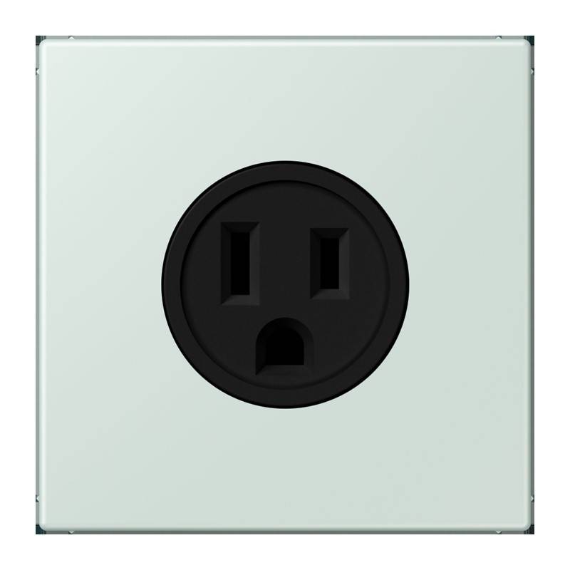 Eine schwarze Steckdose auf weißem Hintergrund; mit zwei vertikalen Schlitzen und einer runden Öffnung darunter, ähnlich einem standardmäßigen Abdeckungsdesign.