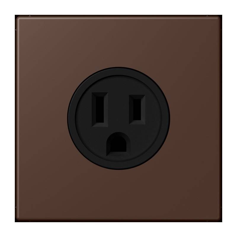 Ein braunes elektrisches Steckdosendeckel mit einer standardmäßigen schwarzen Steckdose in der Mitte.
